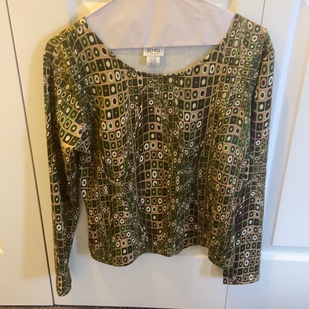 BO•KU Women’s Circle Printed Green and Brown Long-Sleeve Top XS